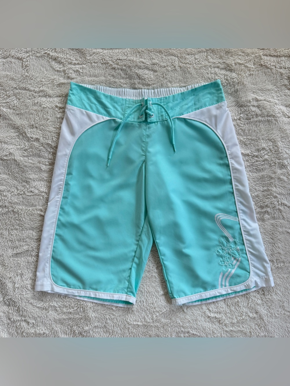 Y2K turquoise Adidas board short capris with flower embroidery